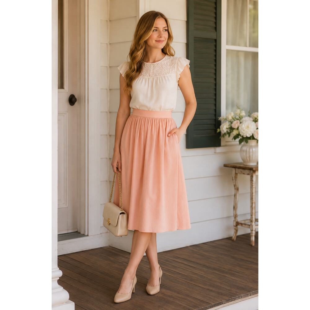 ByEgreis Modest Elegant Blush Peach Crepe Lined Skirt NWT